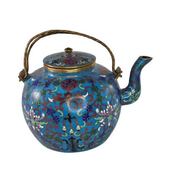 Antique Chinese Cloisonne Enamel Gilt Bronze Teapot With Base Marks - Picture 1 of 11